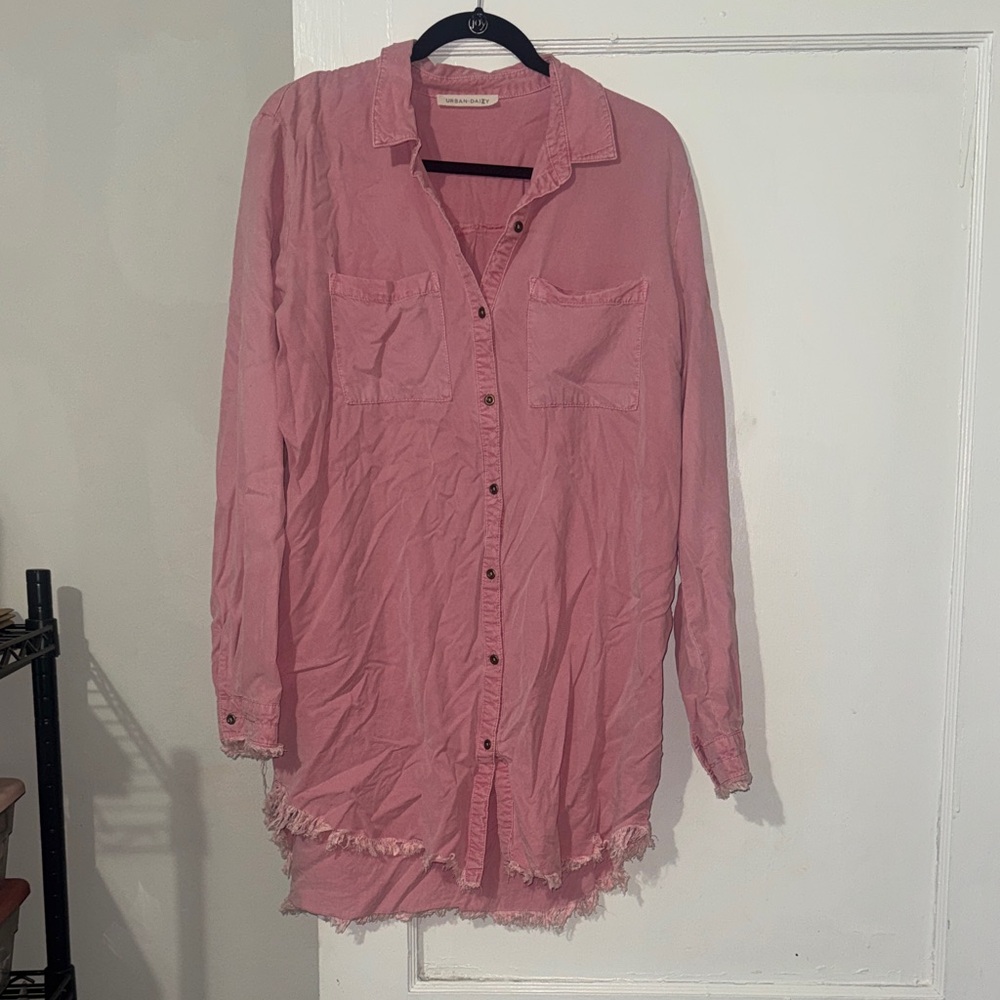 Pink Button-Up Tunic with Frayed Hem